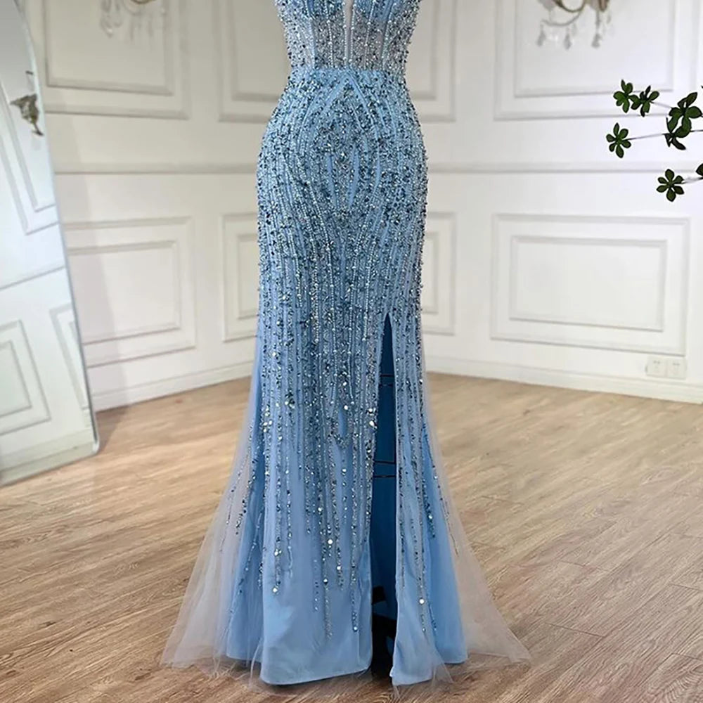 Luxury Silver Nude Beaded Evening Dress with Spaghetti Straps and High Slit LA72047C - SERENE HILL