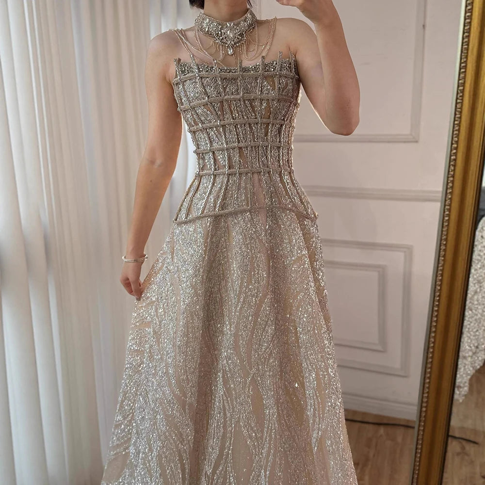 Luxury Nude Beaded A-Line Evening Dress for Women Formal Occasion LA73163 - SERENE HILL