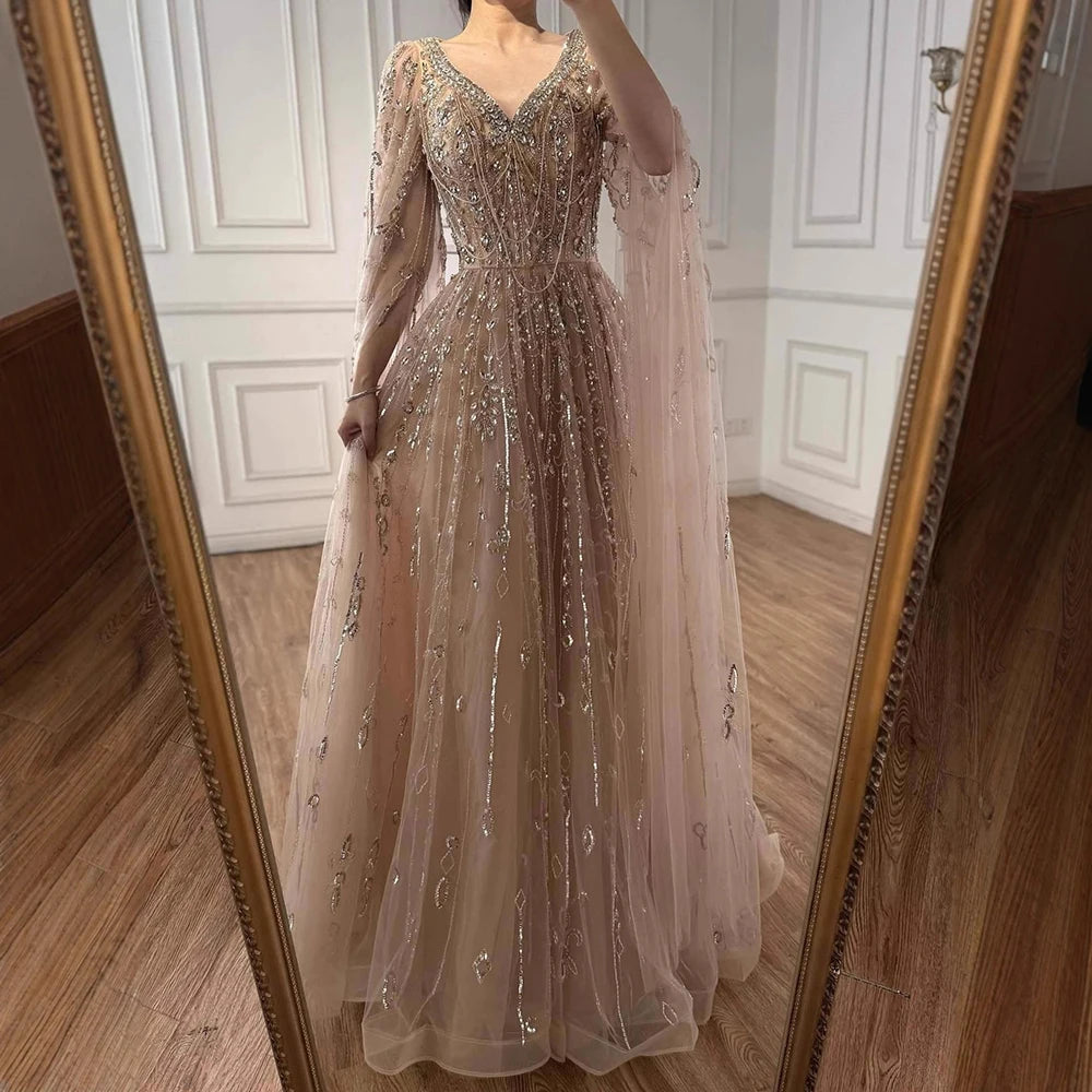 Luxury Nude Beaded Evening Dress with Cape Sleeves for Formal Occasion LA72764A - SERENE HILL