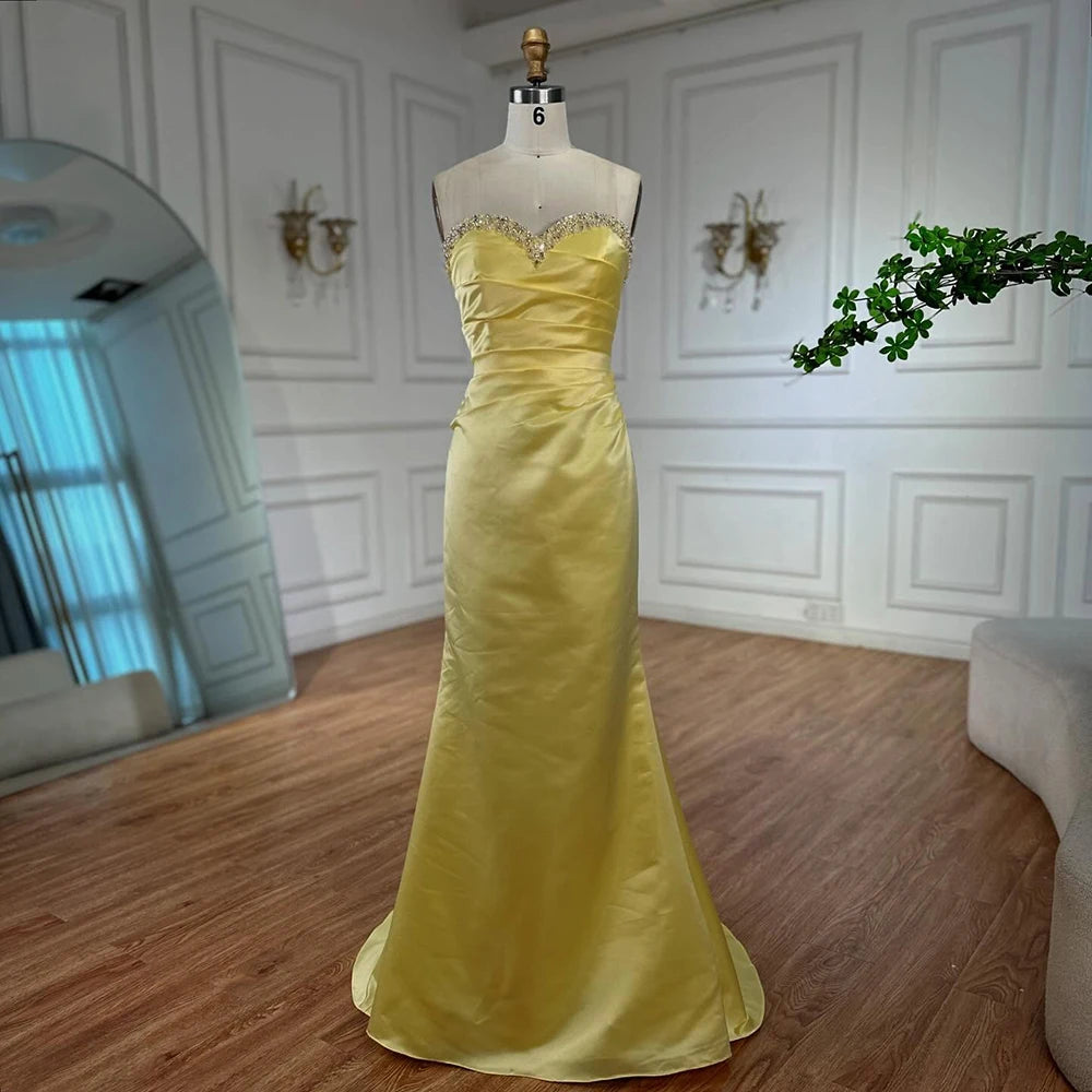 Elegant Yellow Mermaid Beaded Evening Gown with Detachable Sleeves LA72777 - SERENE HILL