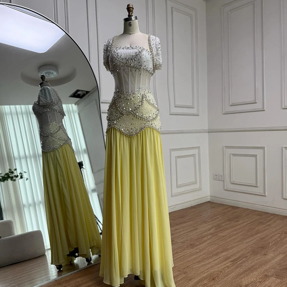 Luxury Yellow Pearls A-Line Evening Dress with Flowing Coat LA72978 - SERENE HILL