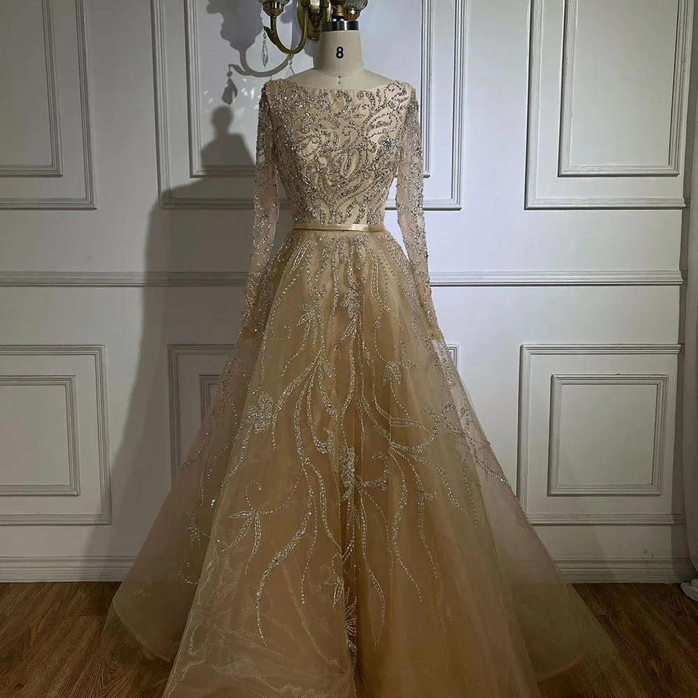 Muslim Nude A-Line Beaded Evening Dress with Long Sleeves LA71596A - SERENE HILL