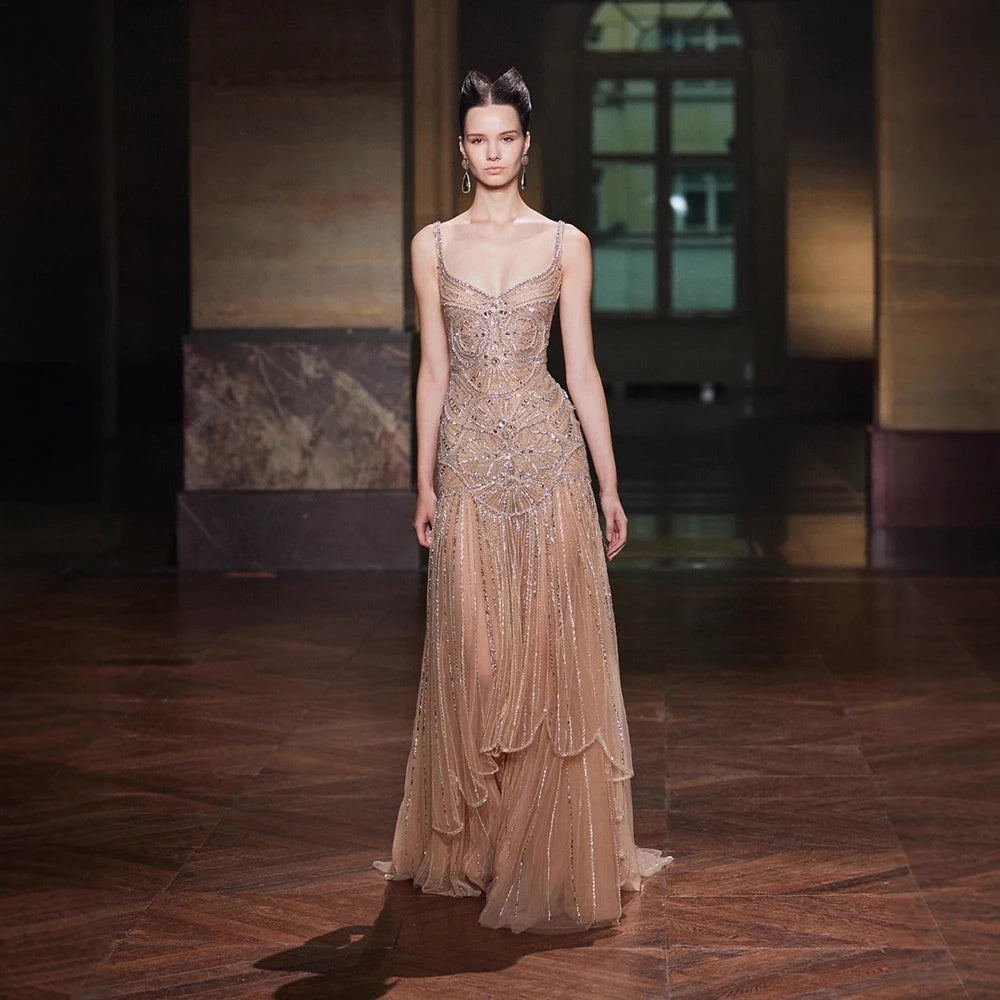Luxury Nude A Line Pearls Beaded Evening Dress LA73174 Nude / 14
