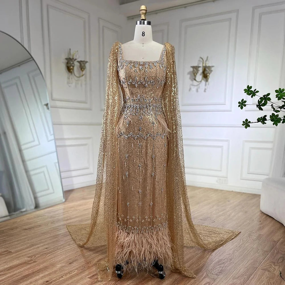 Bling Gray Mermaid Feather Arabic Midi Evening Dress with Cape LA72334 - SERENE HILL