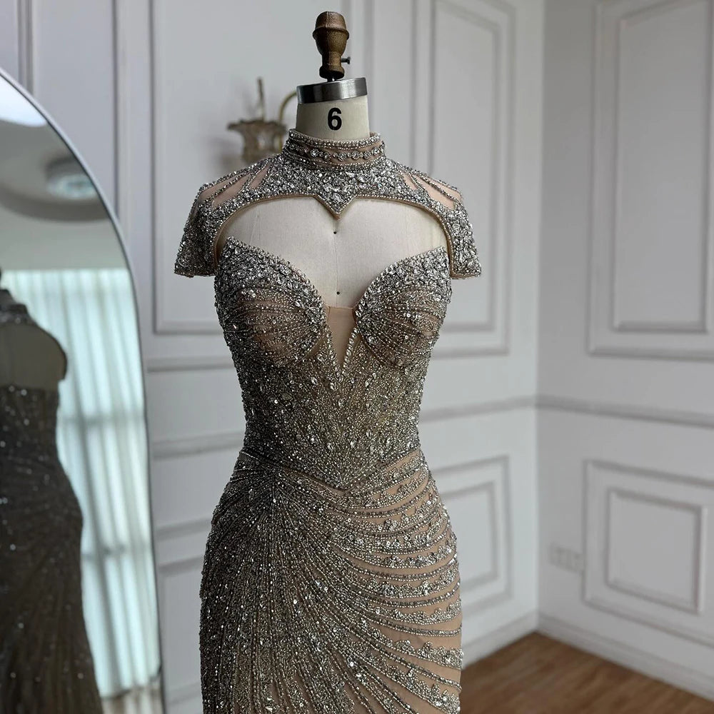 Nude Mermaid Evening Dress with Detachable Beaded High Neck LA73087 - SERENE HILL