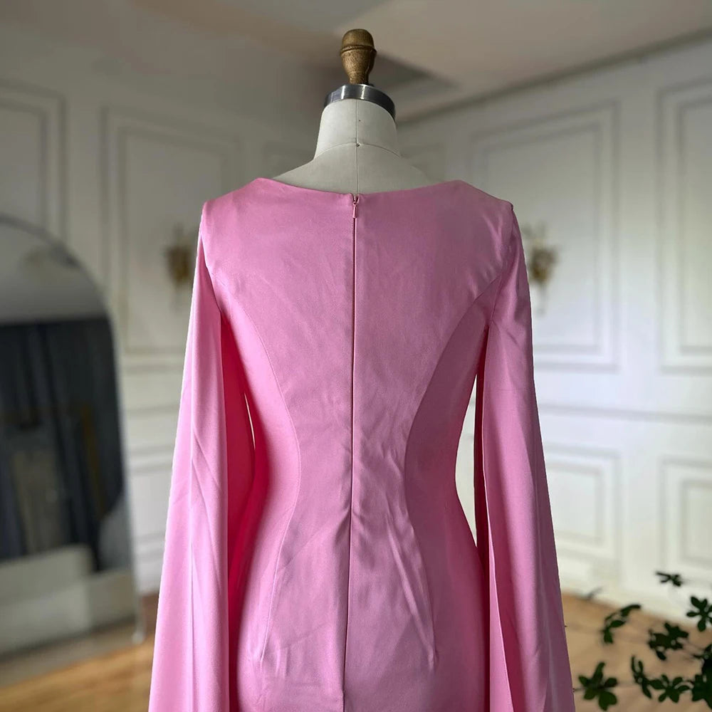 Luxury Arabic Pink Mermaid Evening Dress with Feather Cape LA72855 - SERENE HILL