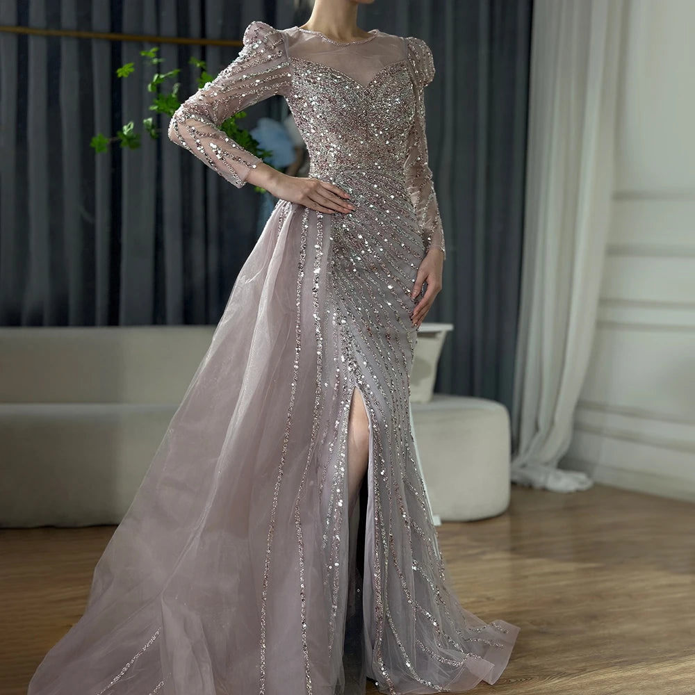 Serene Hill 2025 Arabic Turquoise Mermaid Split Beaded Luxury Dubai Long Evening Dresses Gowns for Women Wedding Party LA72448 - SERENE HILL