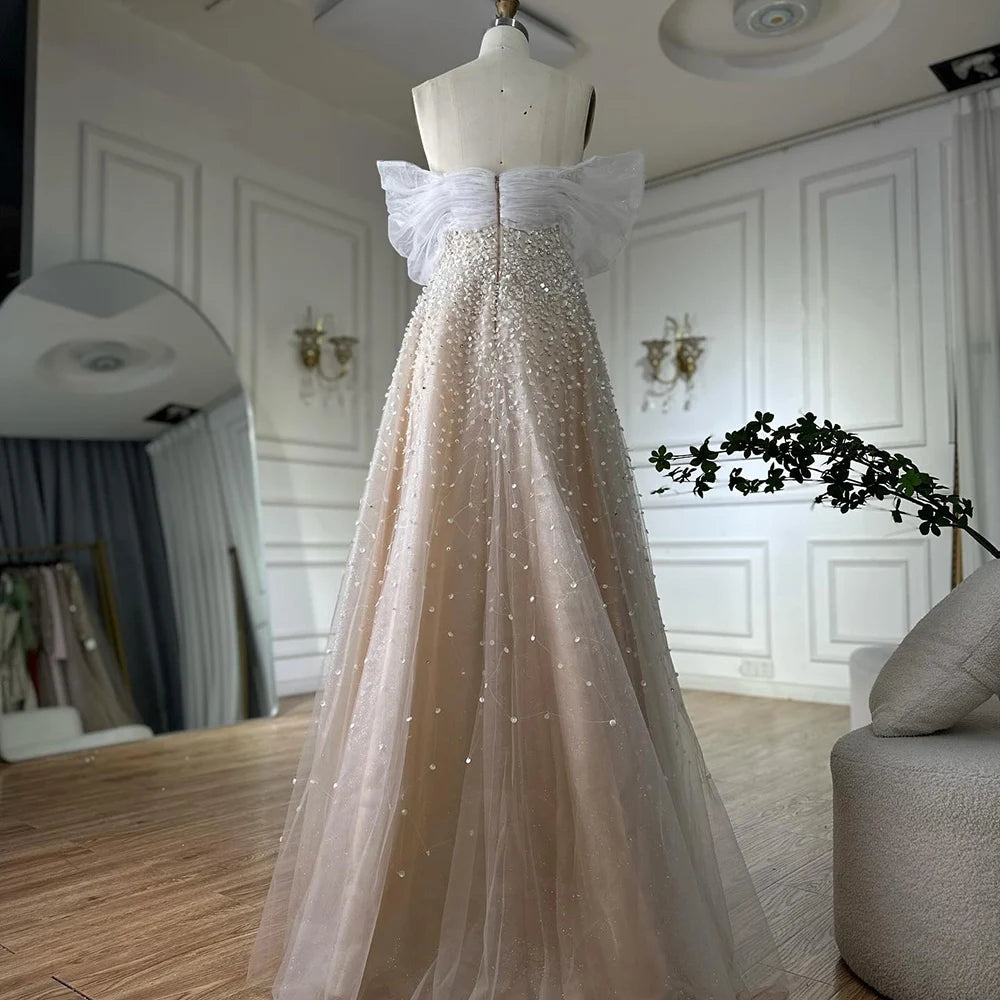 Luxury Dubai Arabic Blue Off Shoulder Beaded A Line Evening Dress LA72009A - SERENE HILL