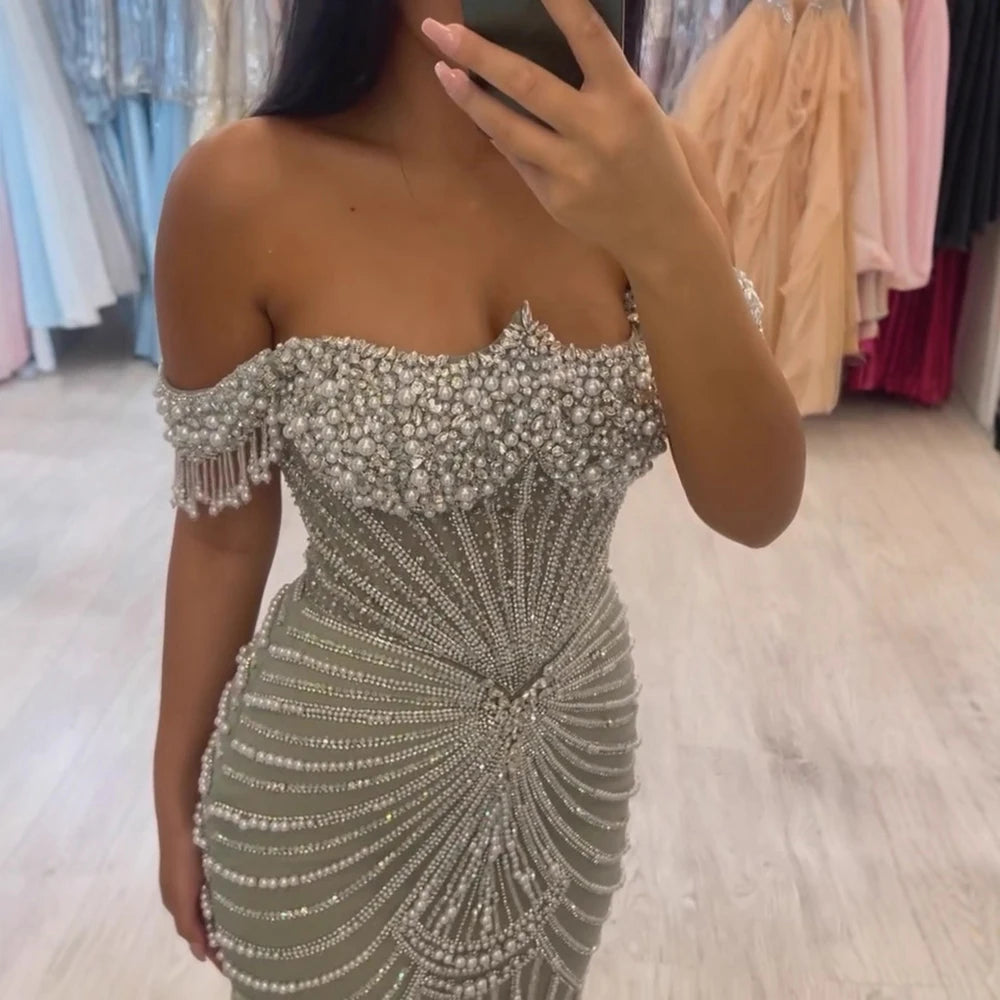Luxury Sage Green Pearls Beaded Mermaid Evening Dress Off Shoulder LA73148 - SERENE HILL