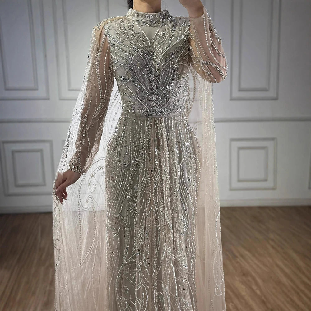 Luxury Sliver Hijab Modest Muslim Beaded Evening Dress LA73215 - SERENE HILL