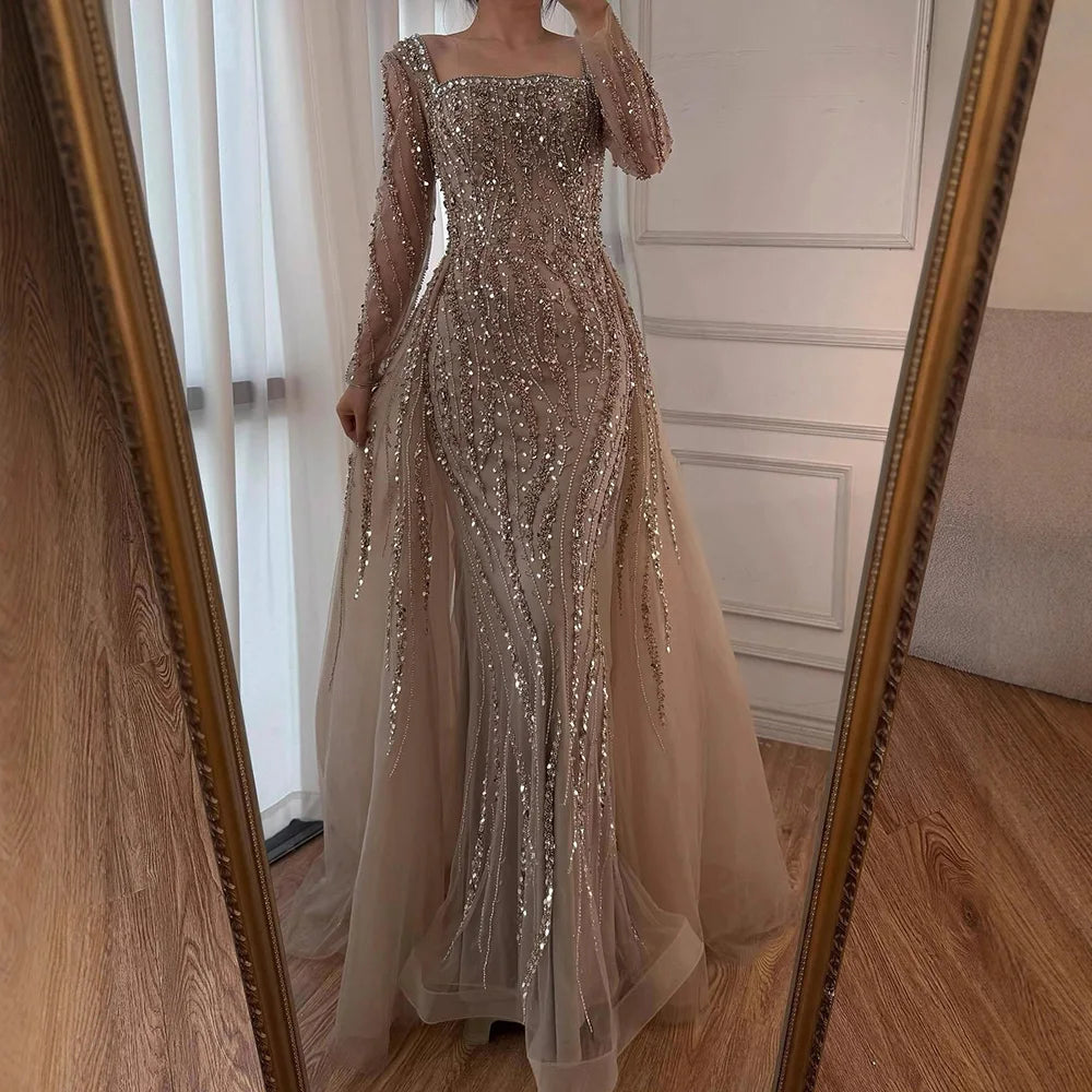 Luxury Modest Caramel Beaded Mermaid Evening Dress with Overskirt LA72710A - SERENE HILL
