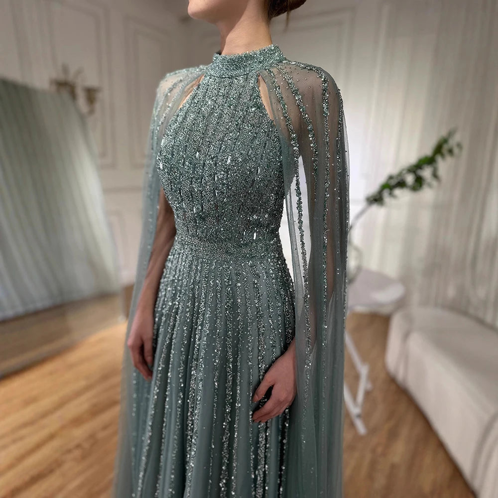 Luxury Caramel A-Line Cape Sleeve Beaded Evening Dress LA72306B - SERENE HILL