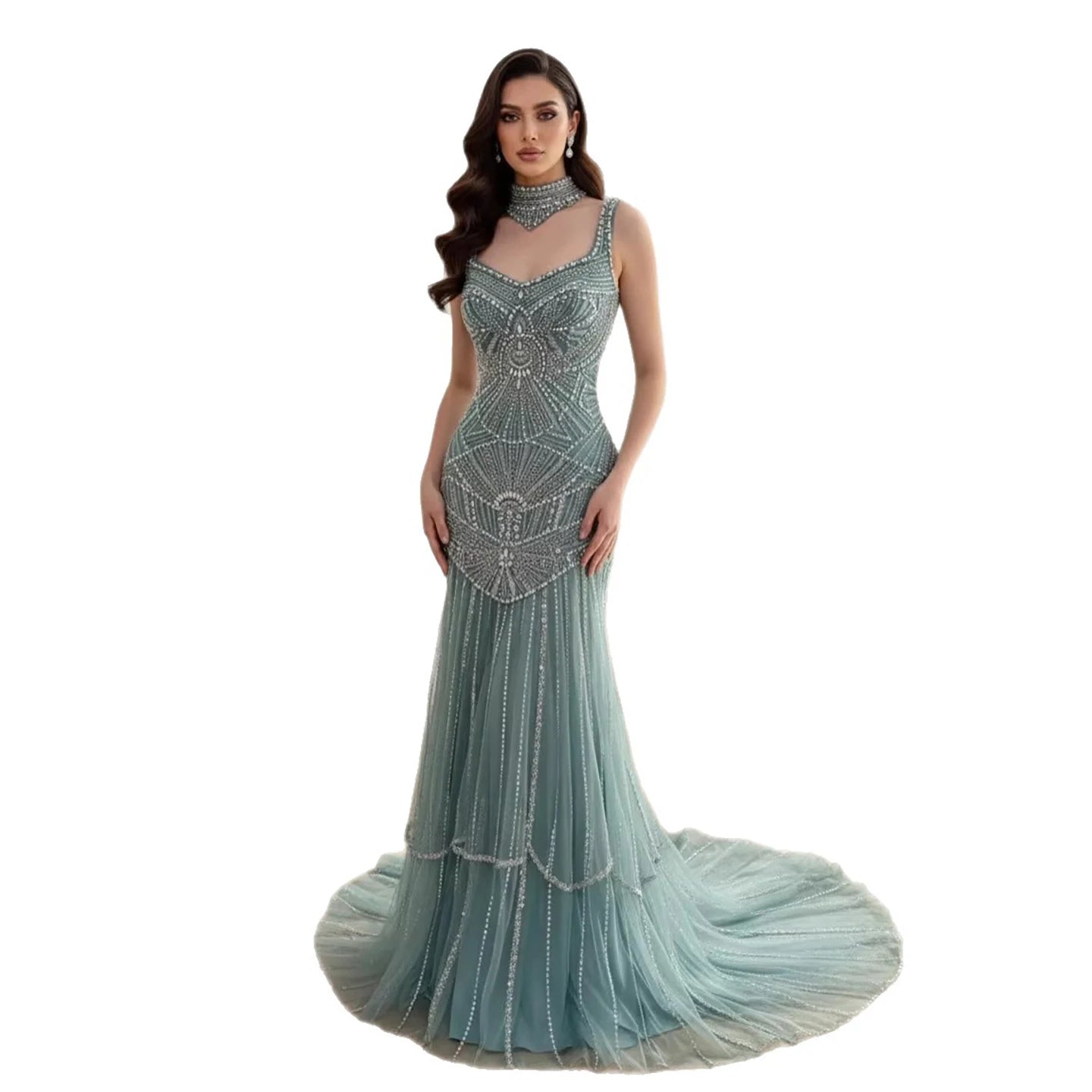 Luxury Turquoise Arabic Mermaid Beaded Evening Dress LA73189B - SERENE HILL