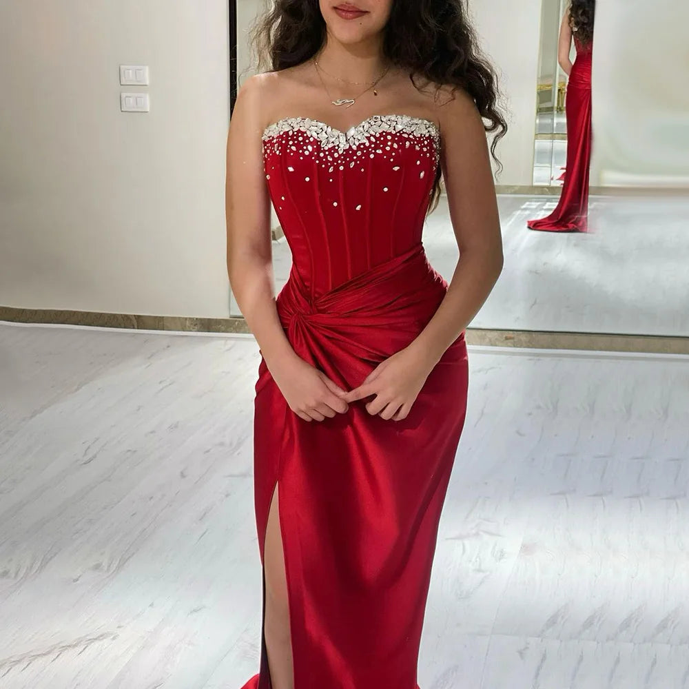Serene Hill 2025 Arabic Wine Red Beaded Mermaid Luxury Dubai Evening Gown with Side Split for Women&