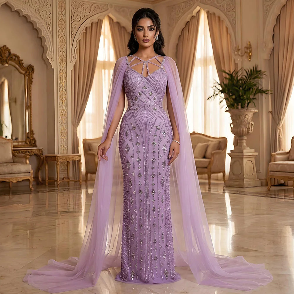 Serene Hill Arabic Luxury Dubai Mermaid Elegant Lilac Shawl Yarn Beaded Evening Dresses Gowns 2025 For Women Party LA72186 - SERENE HILL