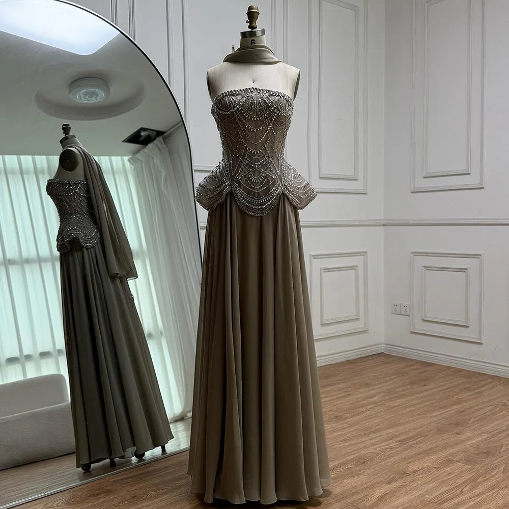 Luxury Designer Nude Beaded Chiffon Evening Dress LA72915 - SERENE HILL