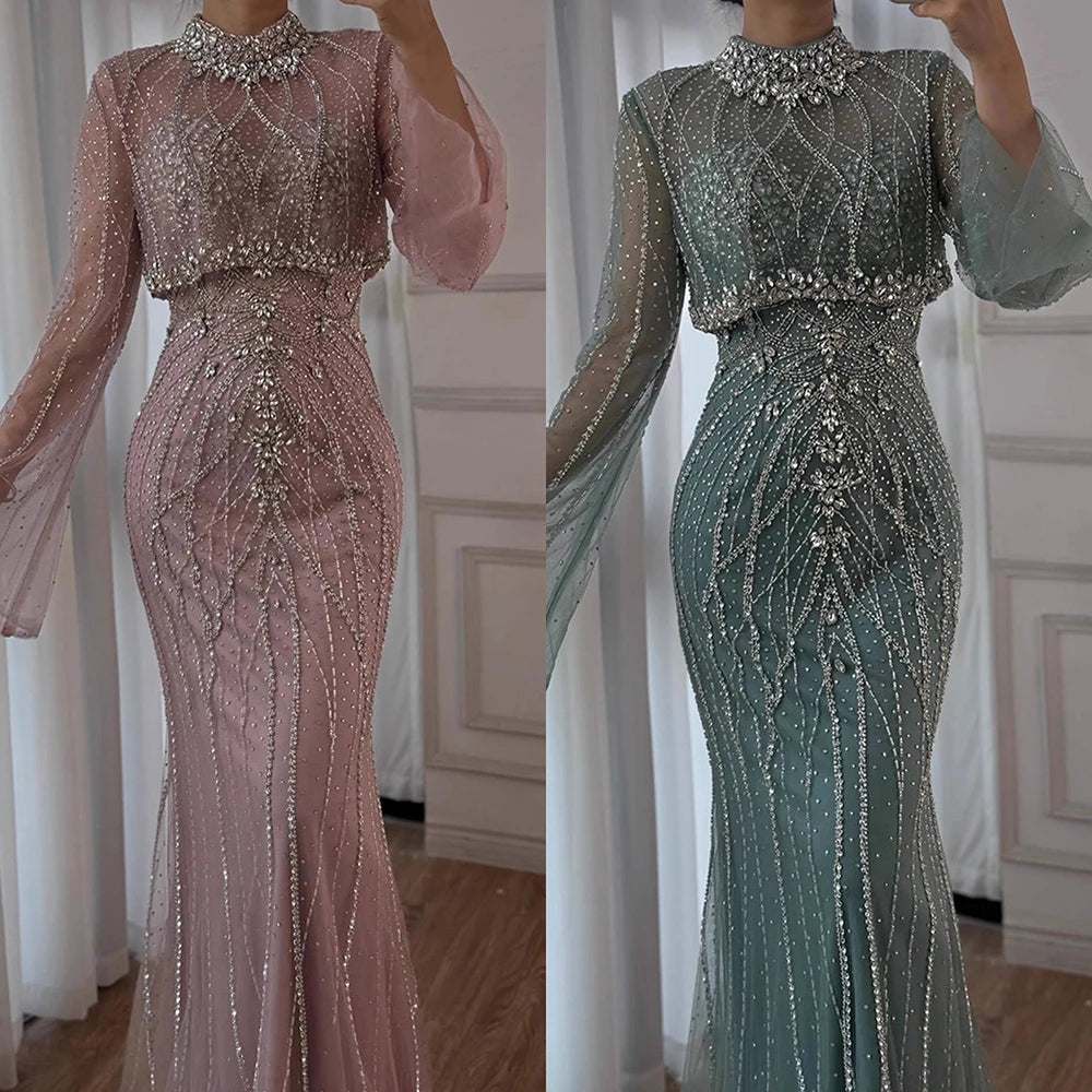 Luxury Turquoise Crystal Beaded Mermaid High Neck Long Sleeve Evening Dress LA73136 - SERENE HILL
