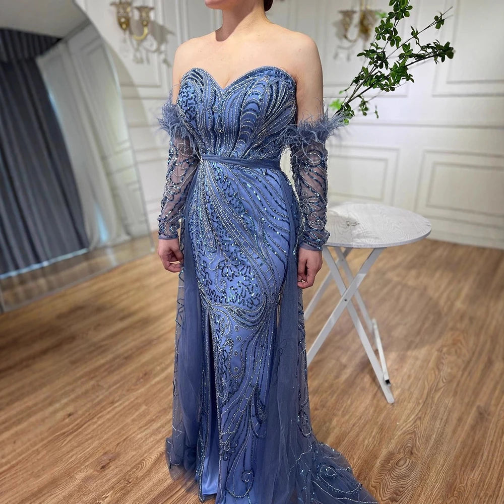 Luxury Arabic Nude Mermaid High Split Feather Beaded Evening Dress LA71910 - SERENE HILL