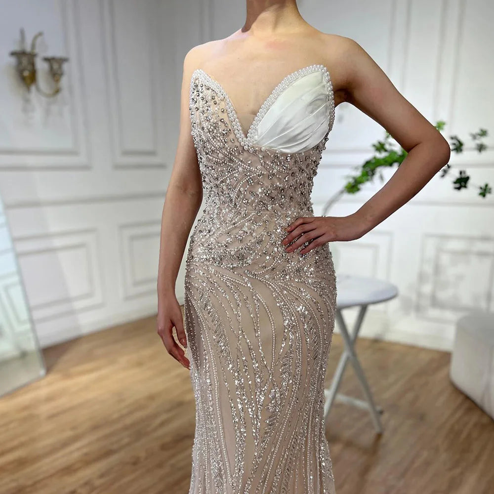 Luxury Dubai Arabic White Nude Mermaid Gown Pearls Beaded Luxury Saudi Evening Dress for Formal Occasion LA72712 - SERENE HILL
