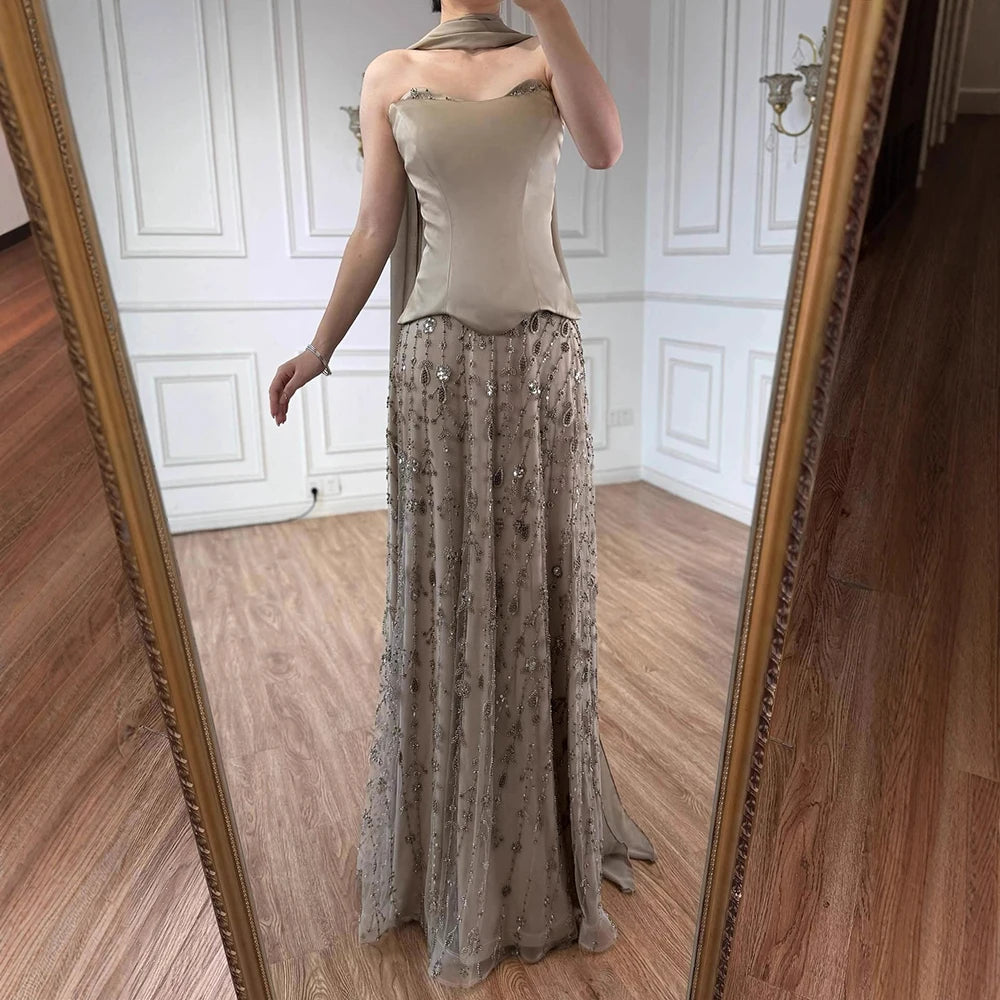 Luxury Sage Green and Pink Arabic Beaded Evening Dress LA72805D - SERENE HILL
