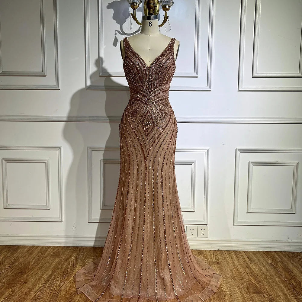 V Neck Beaded Sleeveless Mermaid Evening Dress LA73013 - SERENE HILL
