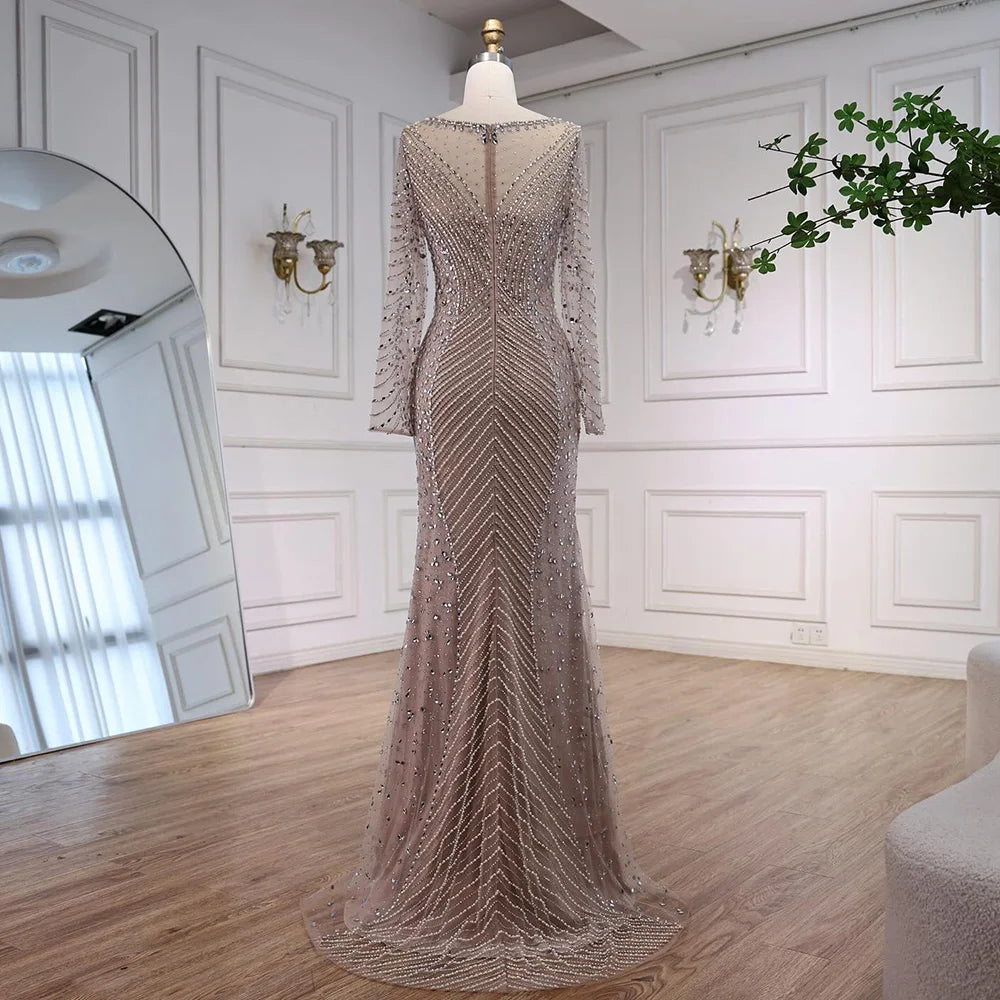 Luxury Arabic Silver Nude Beaded Mermaid Long Sleeve Evening Dress LA73132 - SERENE HILL