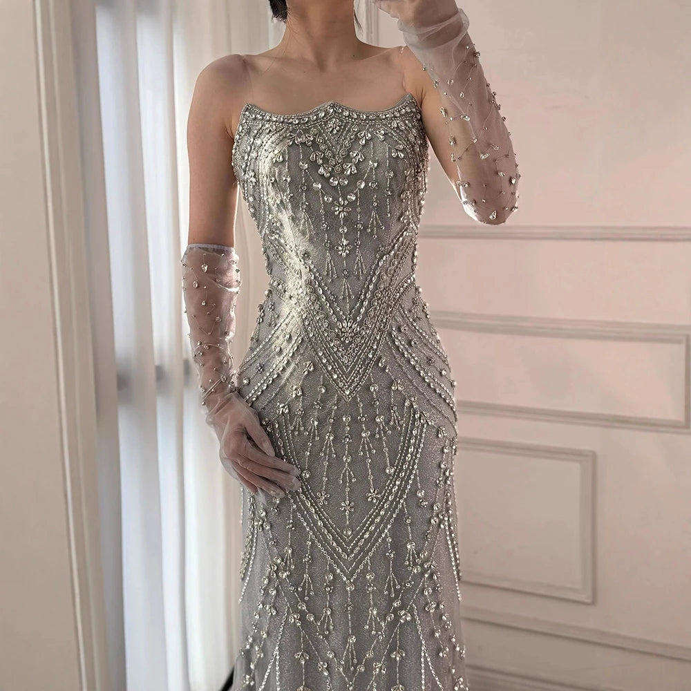 Luxury Caramel Crystal Beaded Mermaid Evening Gown with Gloves LA73186 - SERENE HILL