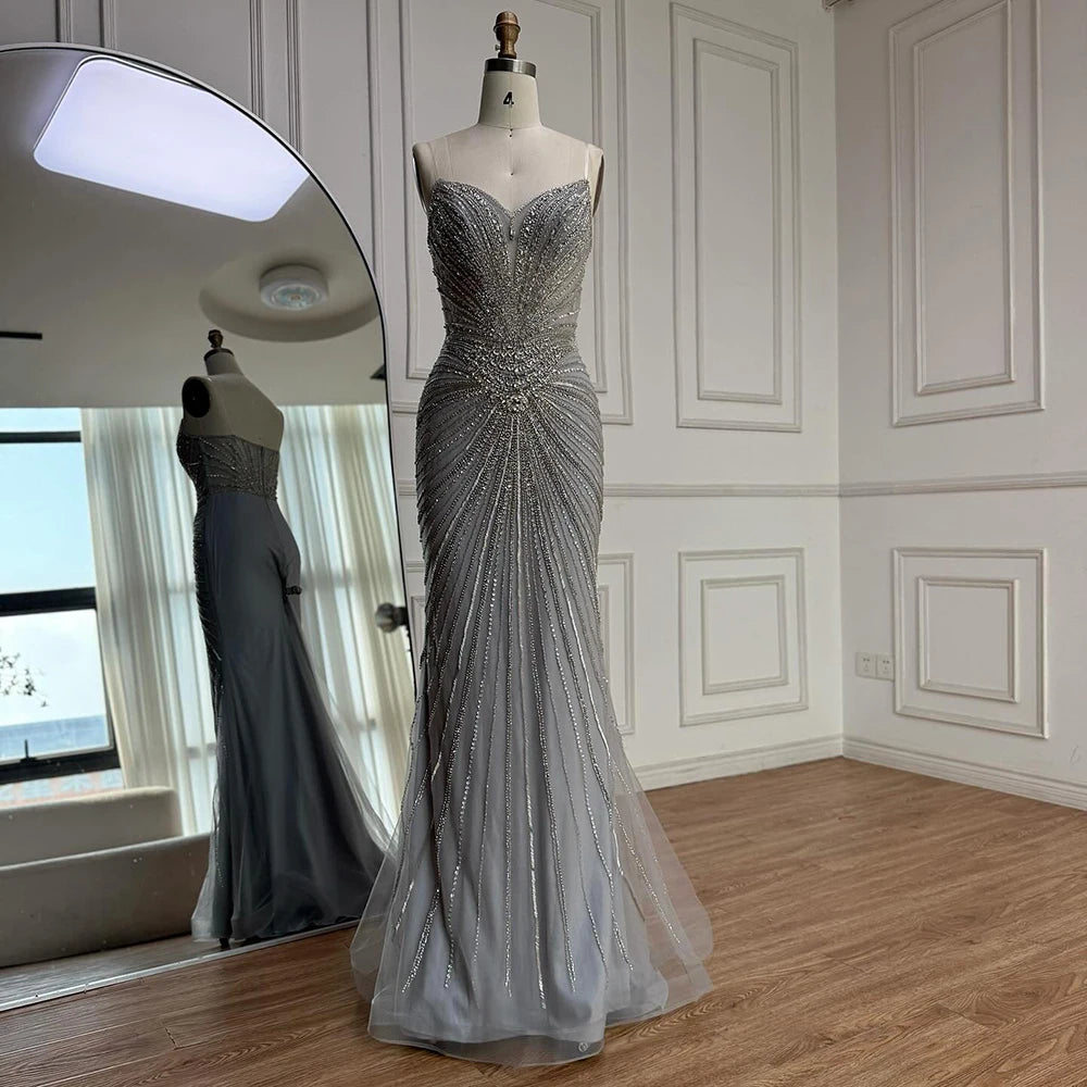 Luxury Nude Beaded Mermaid Evening Dress with Overskirt LA73182 - SERENE HILL