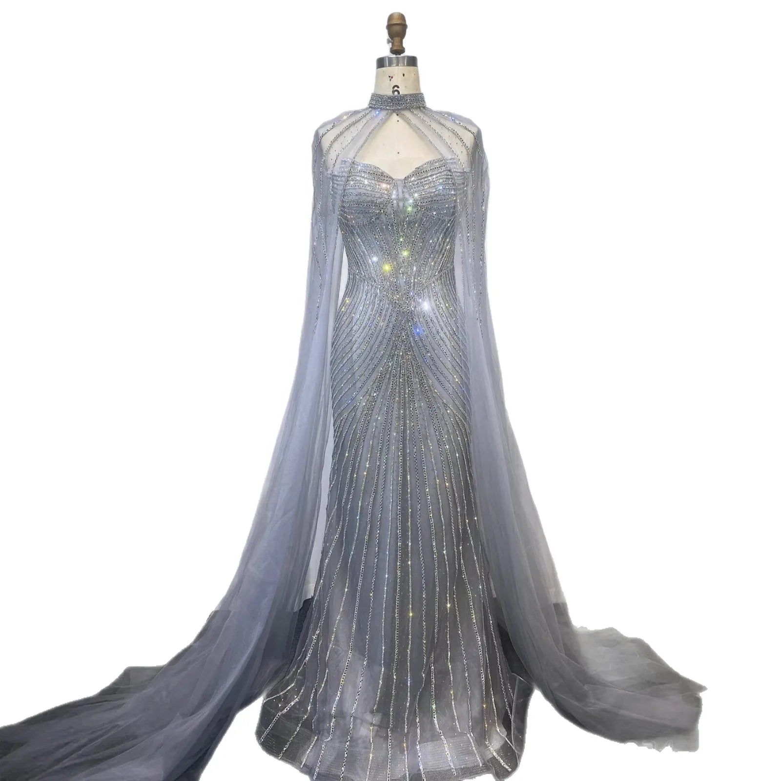Luxury Nude Mermaid Evening Dress with Cape Sleeves LA73118 - SERENE HILL