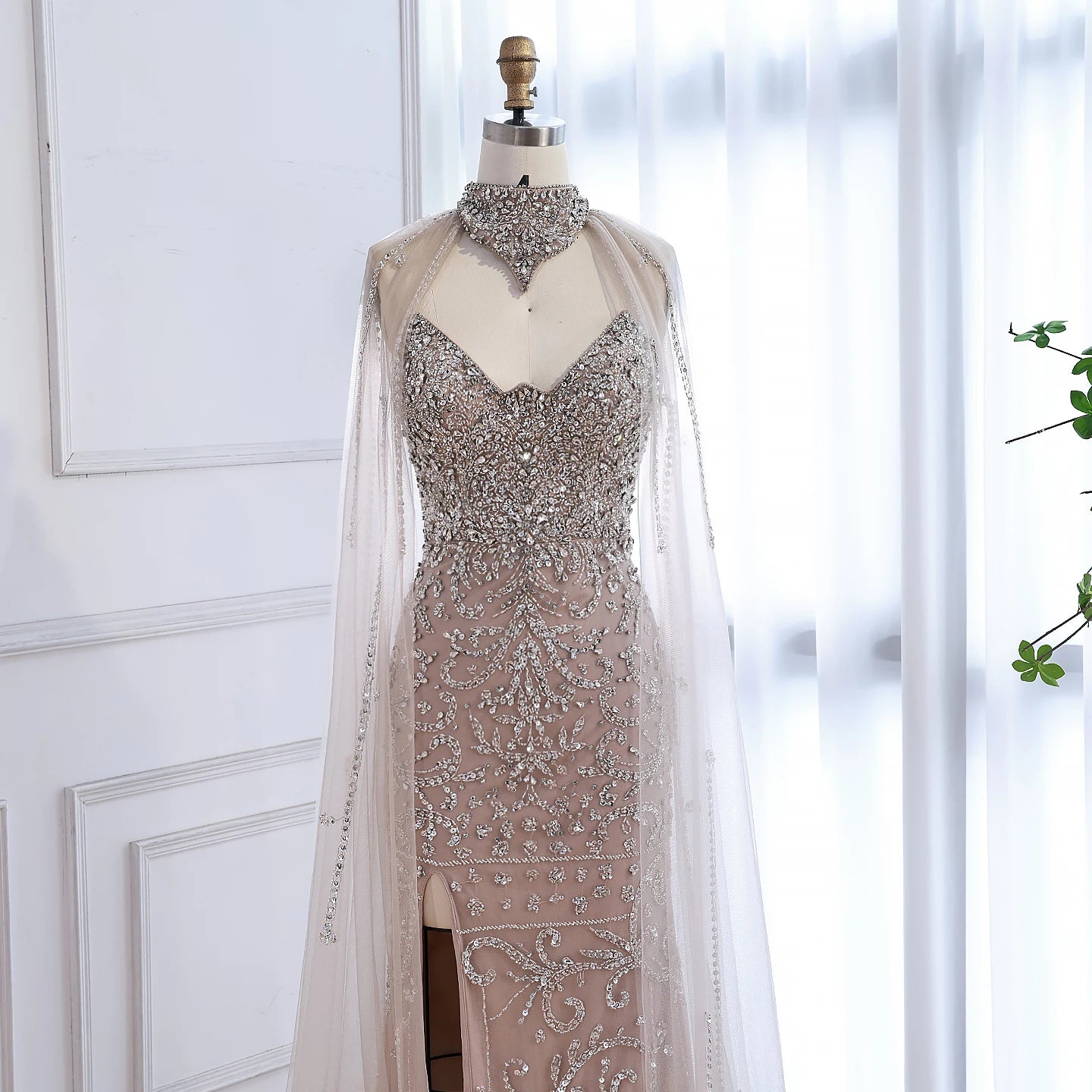 Luxury Sexy Split Evening Dress With Cape Nude LA73339 - SERENE HILL
