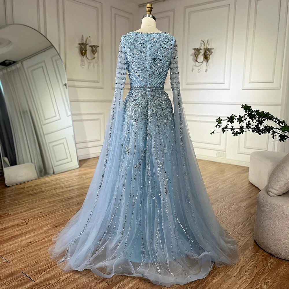 Luxury Dubai Arabic Caramel Elegant A-Line Beaded Long Evening Dresses Gowns with Cape Sleeves for Formal Occasion LA72750 - SERENE HILL