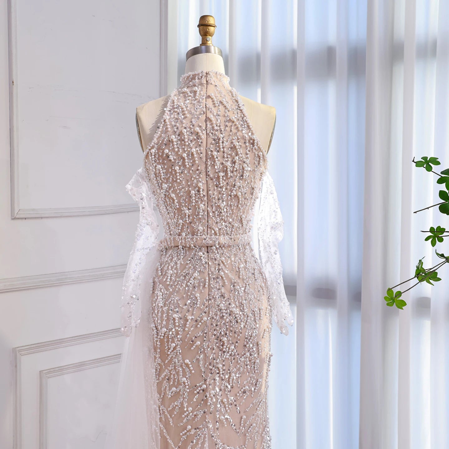 Luxury Lace Pearls Halter Mermaid Evening Dress With Glove White Nude LA72345F - SERENE HILL