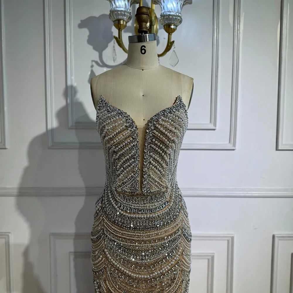 Luxury Nude Silver Beaded Evening Gown with Crystals LA72900 - SERENE HILL