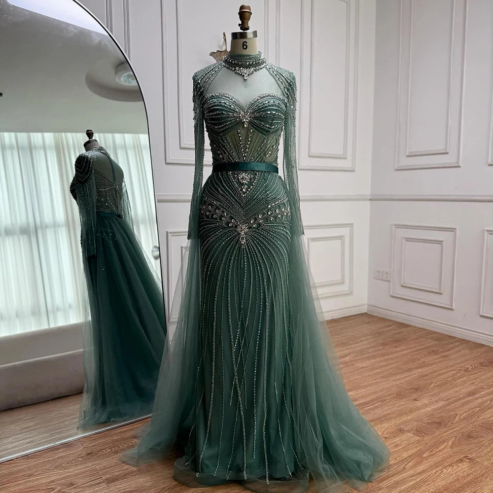 Luxury Nude Modest Beaded Evening Dress Long Sleeves With Overskirt LA72990 - SERENE HILL