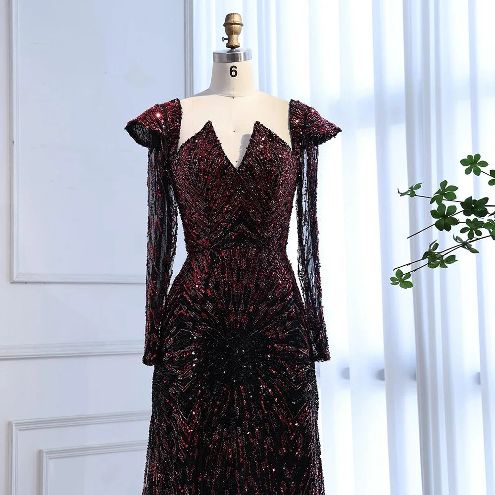 Luxury Wine Red Sequined Long Sleeve Evening Dress LA73126 - SERENE HILL