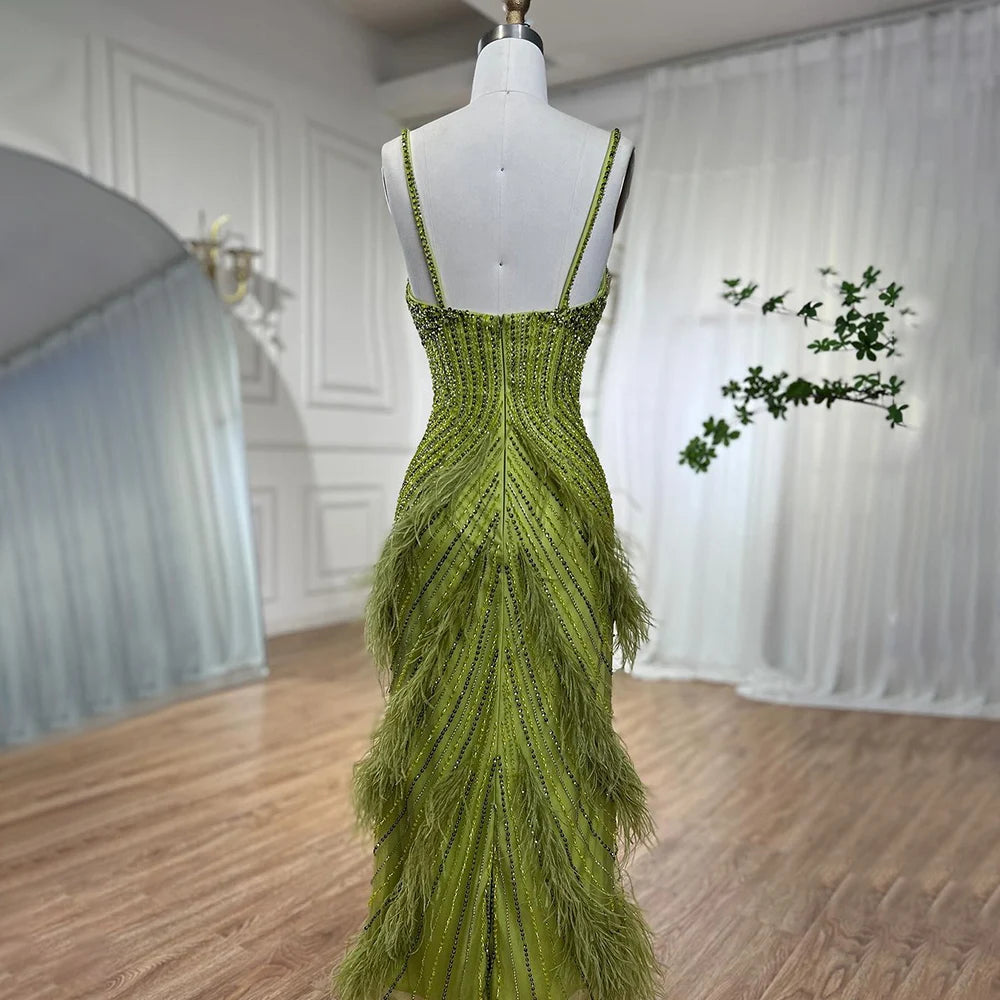 On Sale no return no refund Serene Hill Yellow Green Feathers Mermaid Sundress Evening Gowns Beaded Ankle Length Party Drsses 2025 For Women LA72055 - SERENE HILL