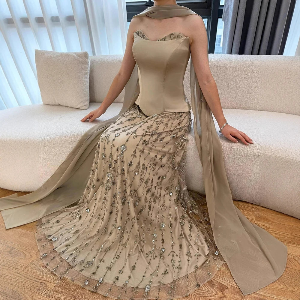 Luxury Sage Green and Pink Arabic Beaded Evening Dress LA72805D - SERENE HILL