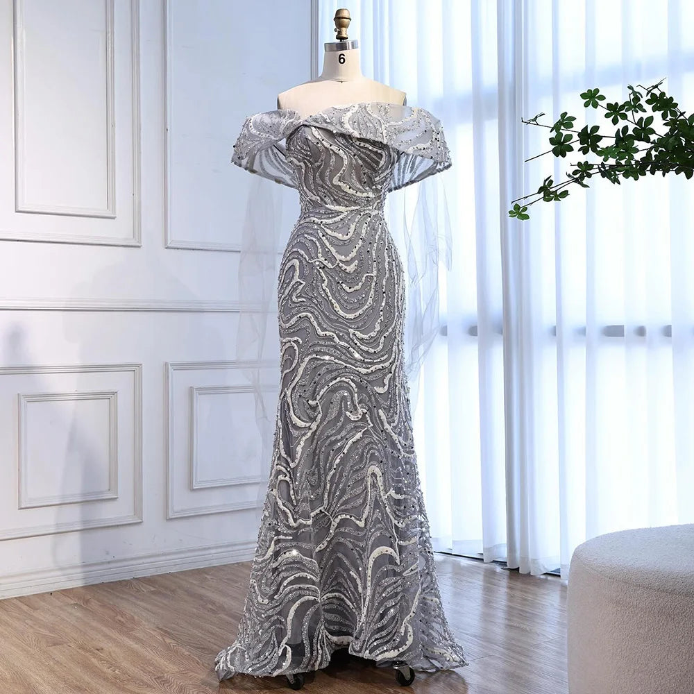 slim fit dress slacks Luxury Gray Sequin Evening Dress with Cape Sleeves LA73125B Grey / 8