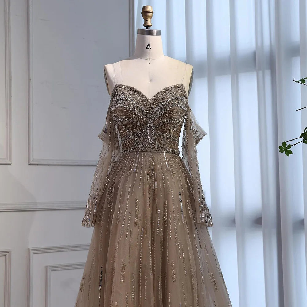 Luxury Caramel Crystal Beaded Long Sleeve Mermaid Evening Dress LA73130 - SERENE HILL