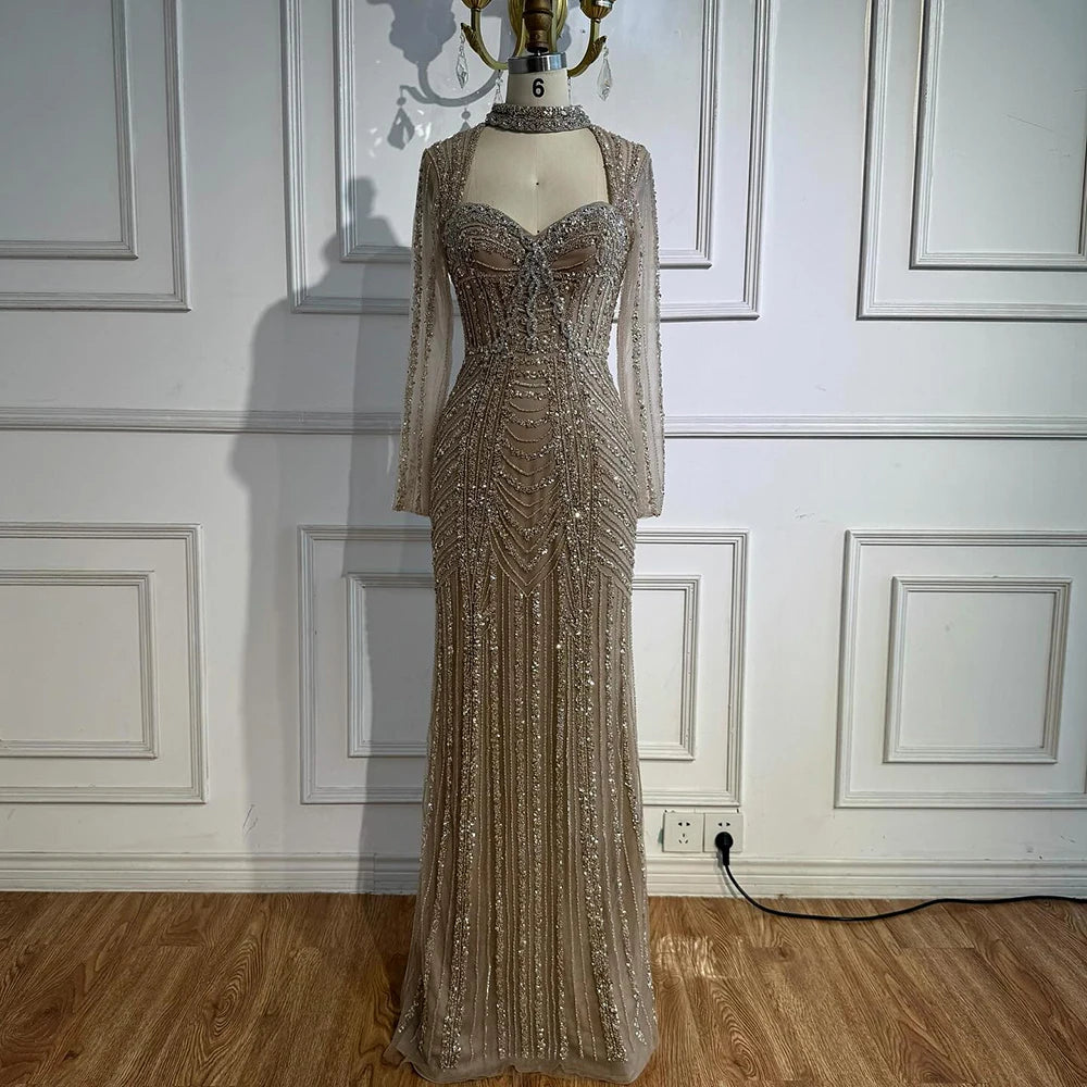 Caramel Beaded Mermaid Evening Dress with Long Sleeves LA72560B - SERENE HILL