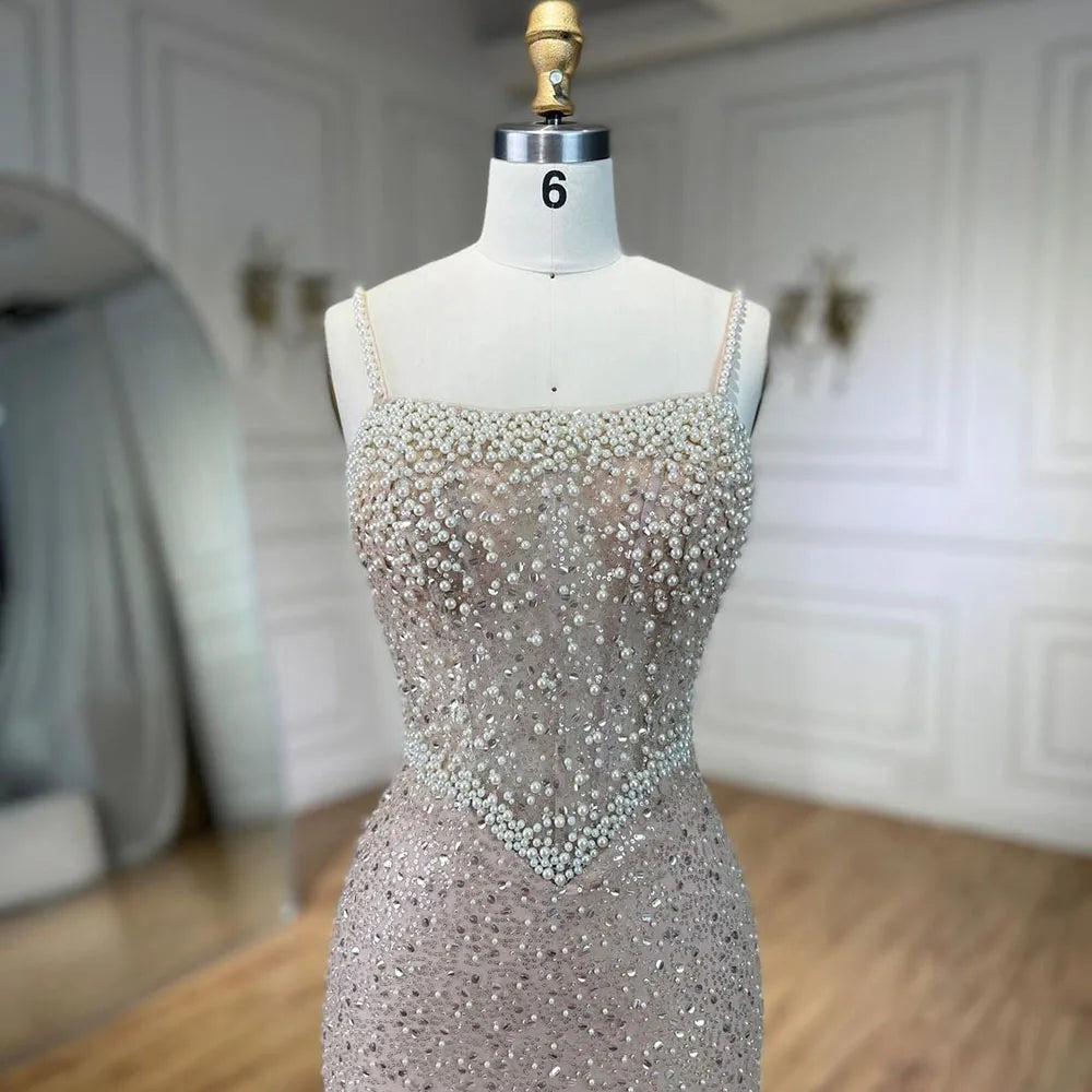Serene Hill Nude Mermaid Evening Gown - Elegant, Luxurious, Pearls Beaded. Perfect for Women&