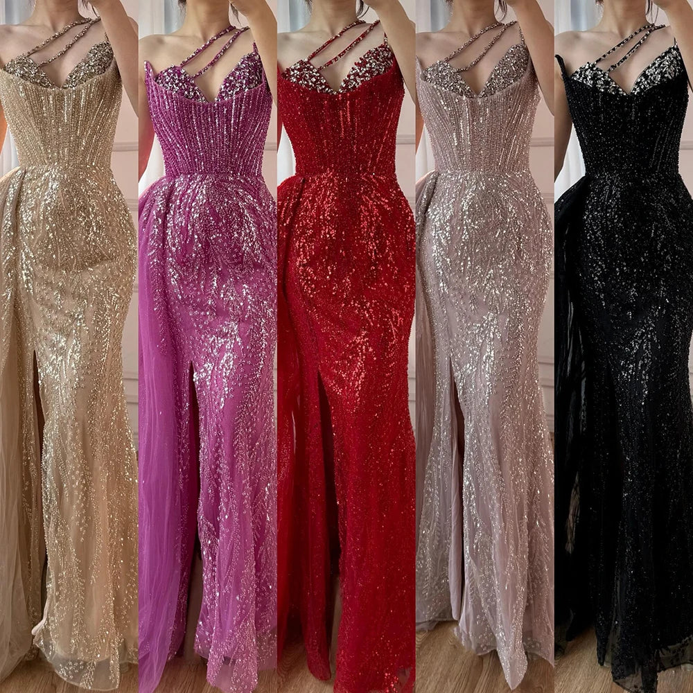 Luxury Nude Crystal Beaded One-Shoulder Evening Dress with Overskirt LA73161 - SERENE HILL