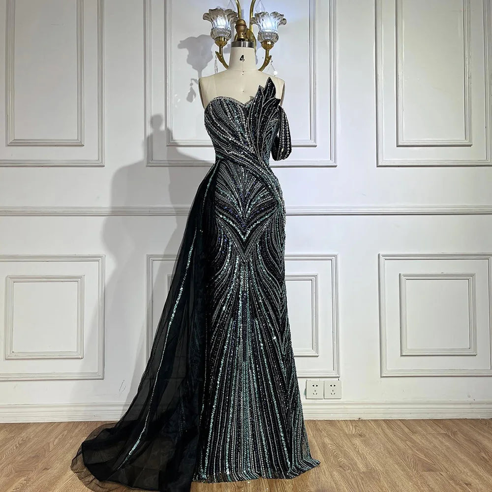 Luxury Dubai Arabic Blue One Shoulder Luxury Dubai Evening Gown with Side Overskirt Beaded Dress for Women&