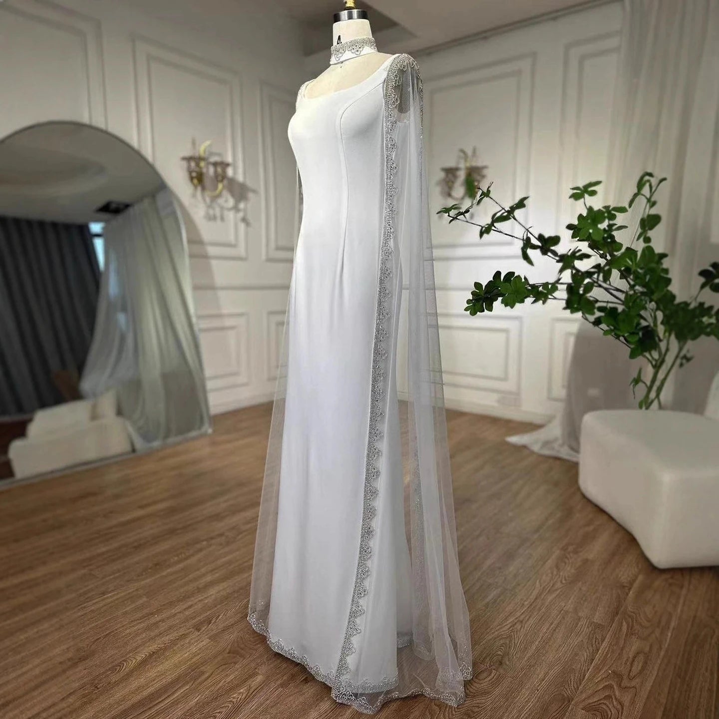 Luxury Blue Mermaid Beaded Evening Dress with Cape Sleeves LA72086 - SERENE HILL
