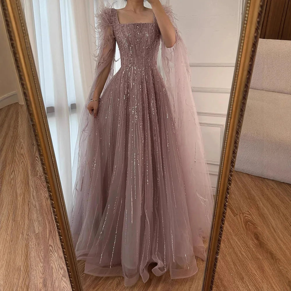 Blue Luxury Feathers Arabic Evening Dresses with Cape LA72236 - SERENE HILL
