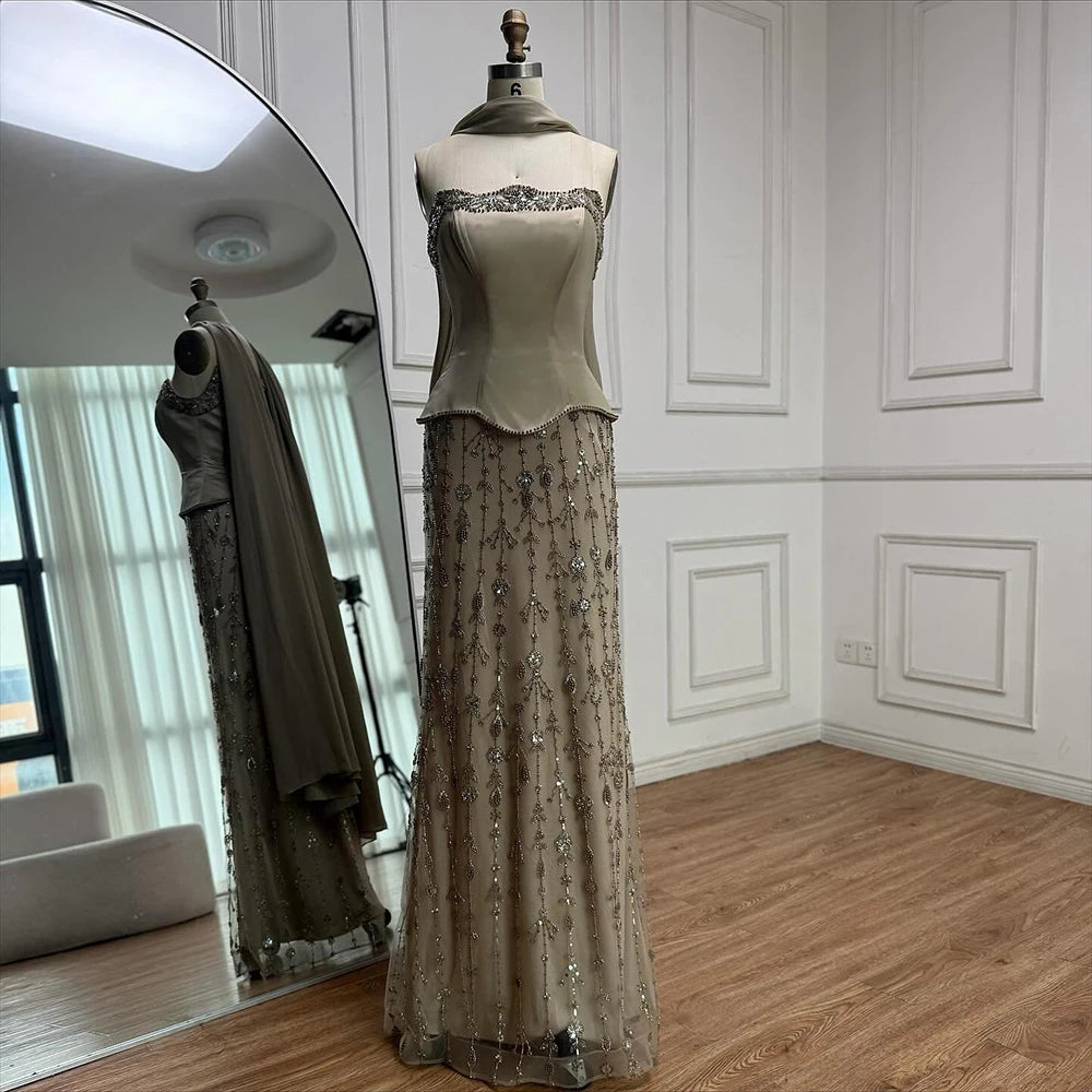 Luxury Caramel Satin Beaded Evening Dress with Bodice LA72805C - SERENE HILL