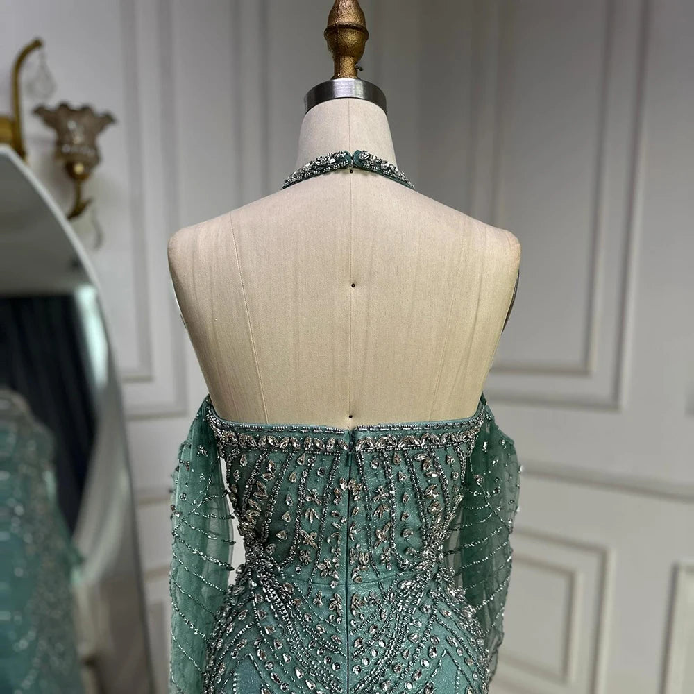 Luxury Turquoise Mermaid Evening Dress Detachable Sleeves LA72925 - SERENE HILL