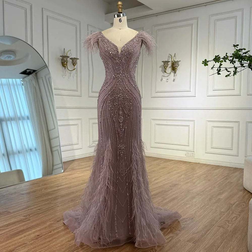 Luxury Designer Pink Feather Beaded Mermaid Evening Dress LA73098 - SERENE HILL