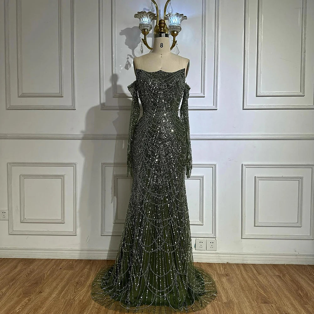 Luxury Pearls Green Mermaid Evening Dress with Gloves LA72352 Plush Size - SERENE HILL