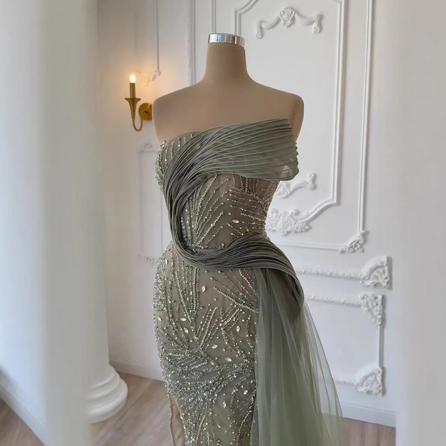 Luxury Arabic Olive Green Ruffles Evening Dress with Train LA73356 - SERENE HILL